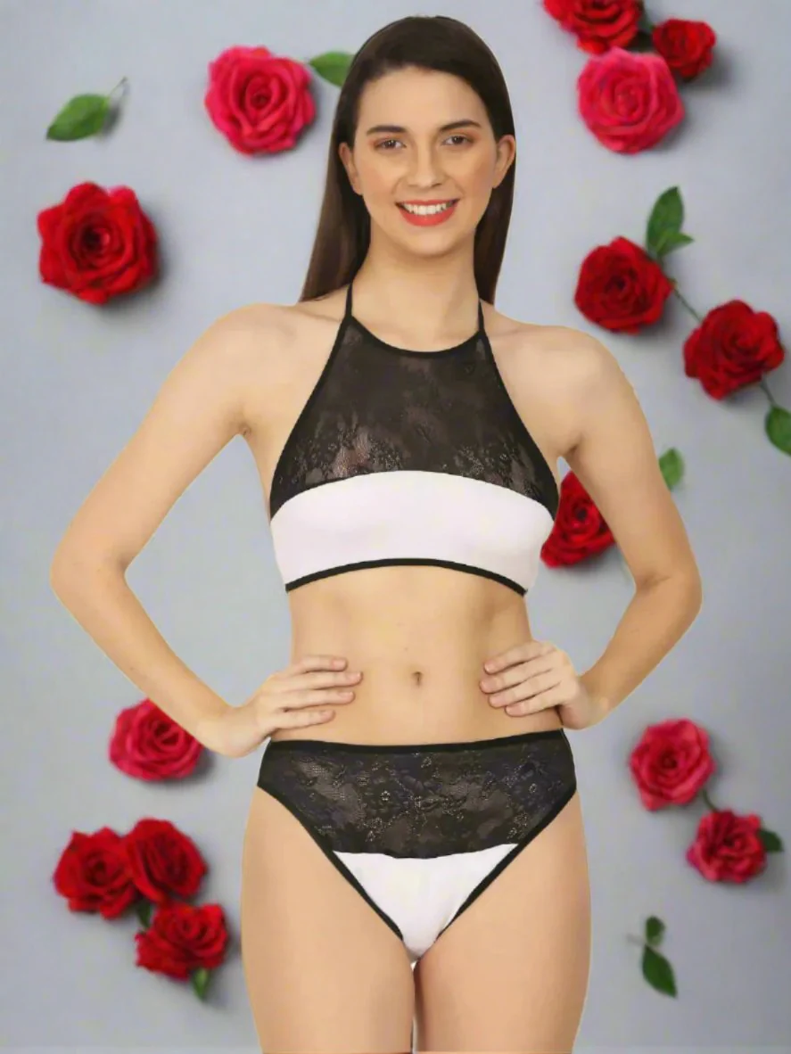 Fabura halter neck White & Black Lingerie Set
