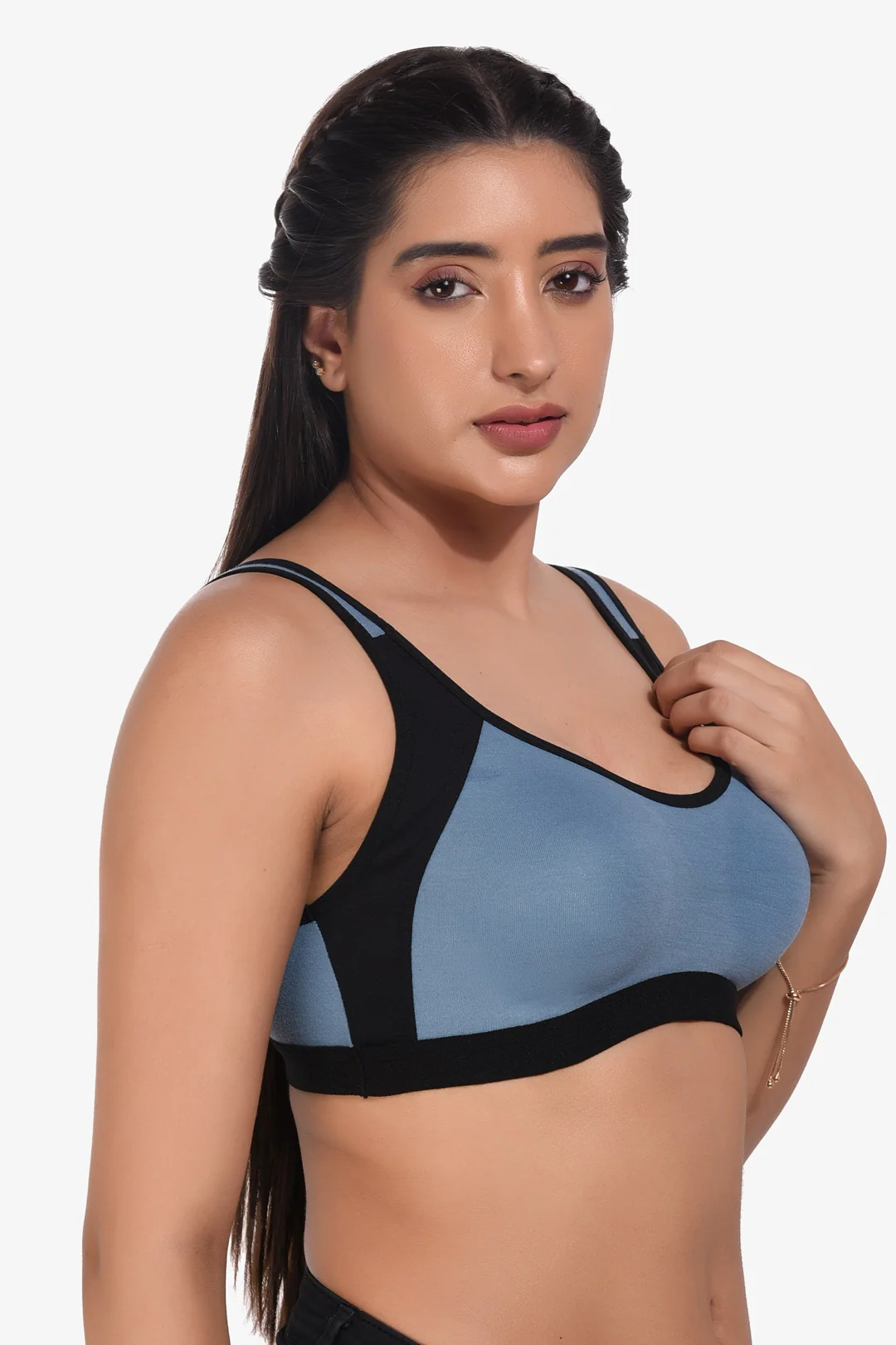 Supportz Non-Padded Non-Wired Full Cup Sports Bra in Blue Yonder Black- Cotton Rich - Image 2