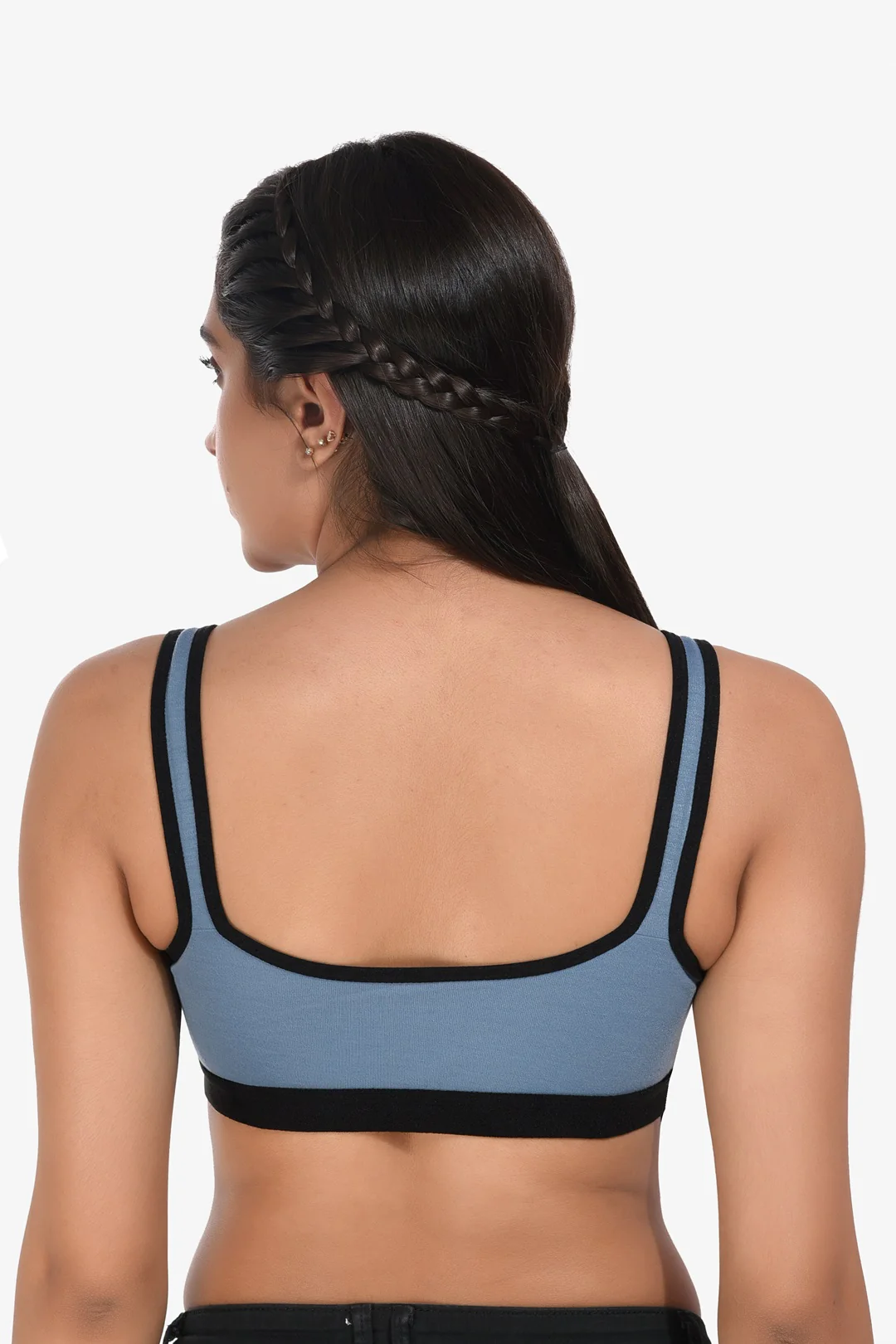 Supportz Non-Padded Non-Wired Full Cup Sports Bra in Blue Yonder Black- Cotton Rich - Image 3
