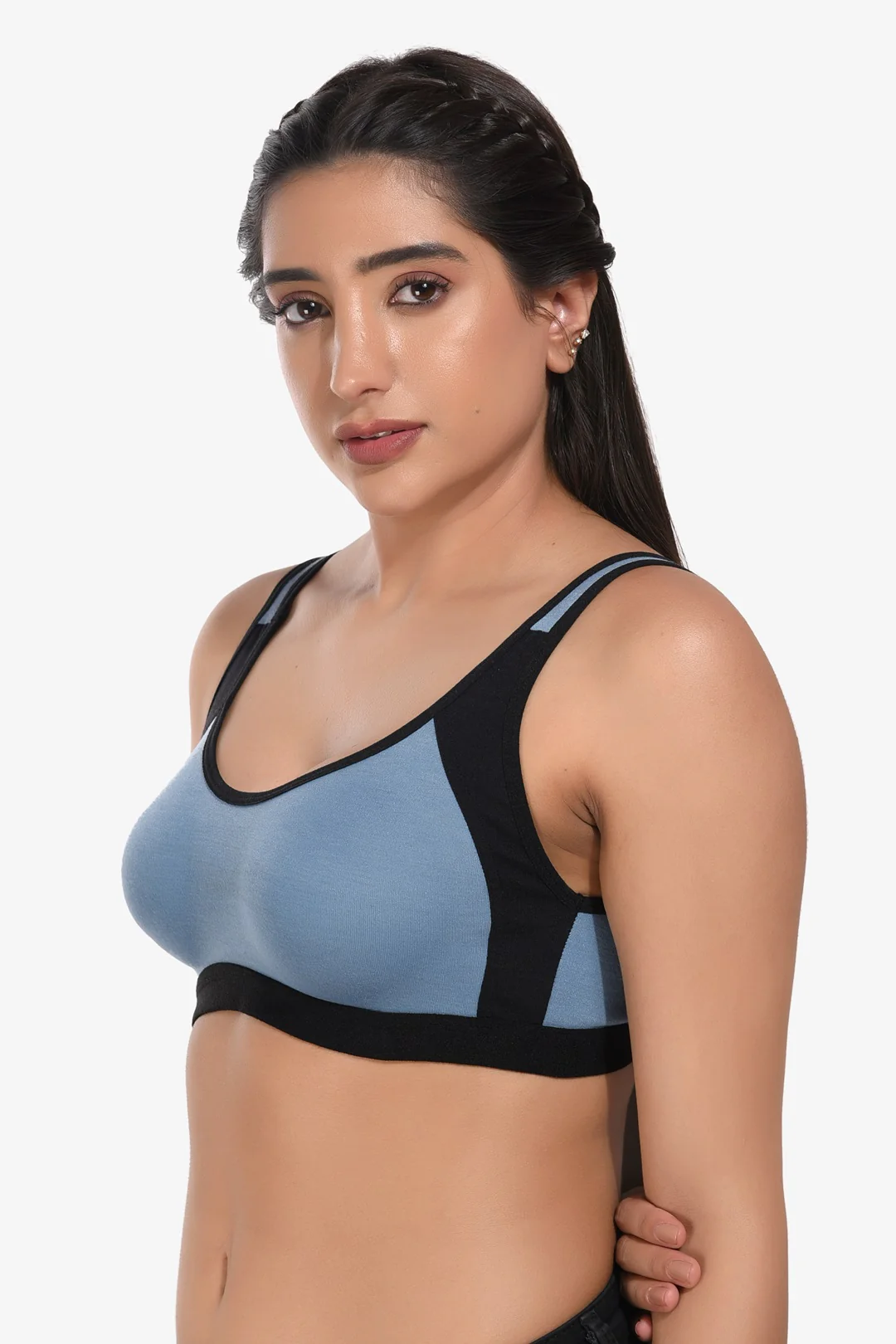 Supportz Non-Padded Non-Wired Full Cup Sports Bra in Blue Yonder Black- Cotton Rich - Image 4