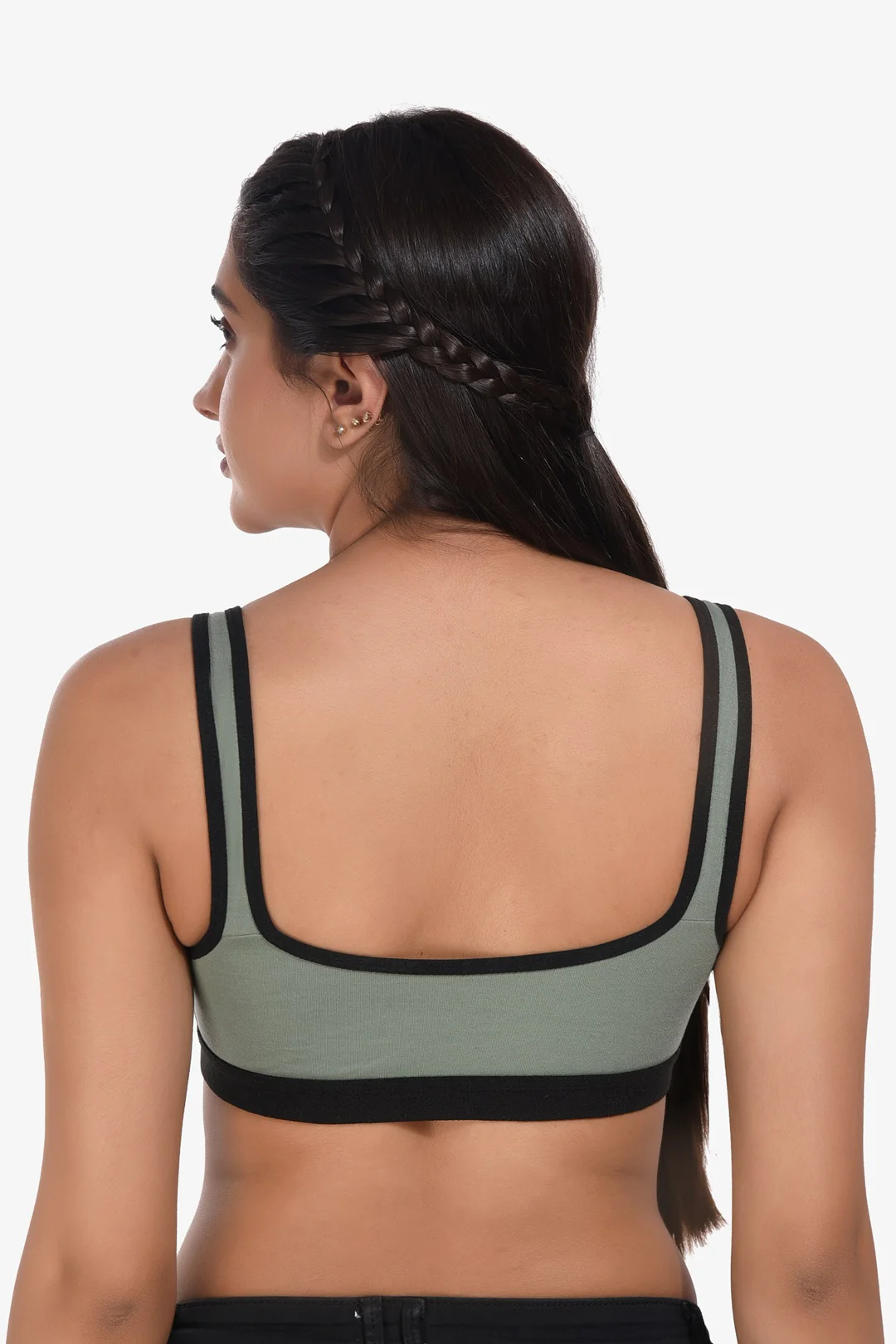 Supportz Non-Padded Non-Wired Full Cup Sports Bra in Green Black- Cotton Rich - Image 4