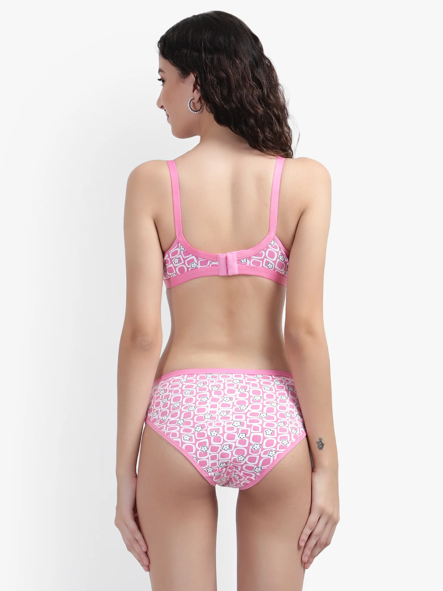 Women's Pink Print Cross Front Cotton Minimizer Bra Panty Set - Image 2